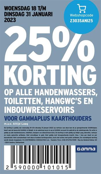 Gamma kortingsbon : -25% op alle handenwassers, toiletten, hangwc's,..