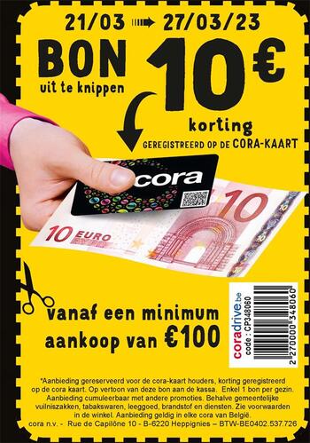 Cora kortingsbon : €10 korting bij aankoop vanaf €100