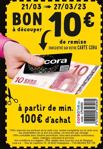Coupon Cora : 10€ de réduction à l'achat de 100€