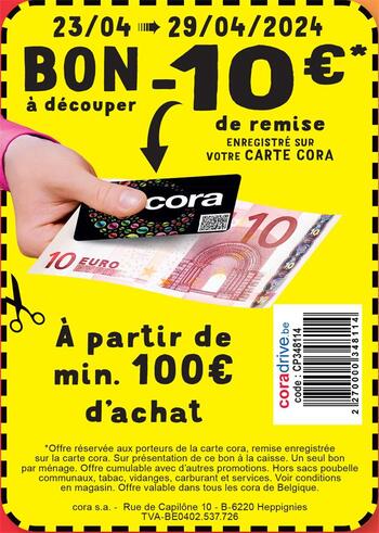 Coupon Cora : -10€ à l'achat de 100€
